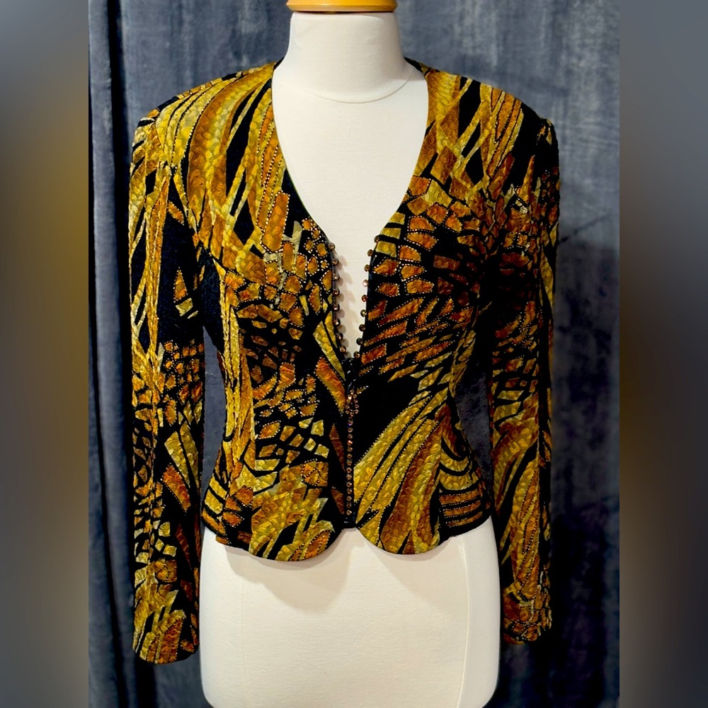 Joseph Ribkoff Kaftan Rhinestone Zip Up Blazer